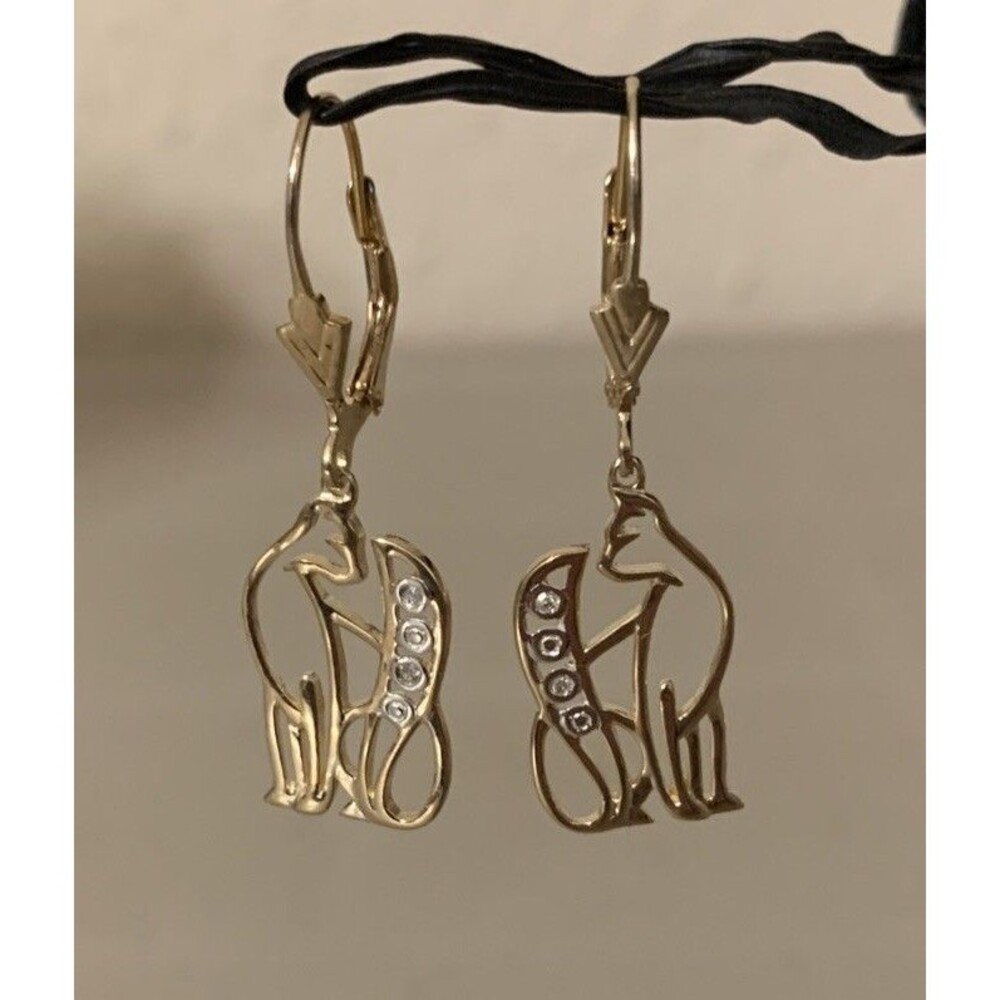 Vtg Sterling Silver Gold Vermeil Diamond Cat Kitten Kitty Earrings Dangle Drop
